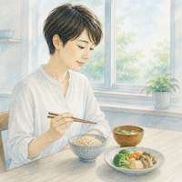 明るい窓辺の食卓で、ごはんと汁物と煮物のふつうの昼食に箸をつけている女性。甘酒では補えないカルシウムも鉄も、40代からの女性は推奨量の63%にとどまる(水彩イラスト)