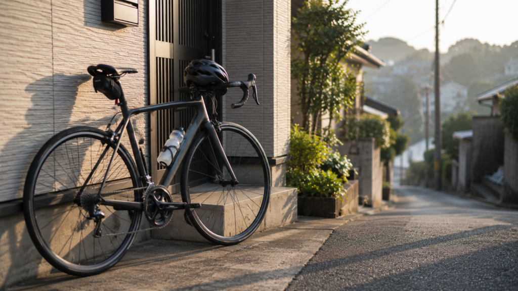 ヴィーガンダイエットの次の目標は164kmのロードレース。玄関先に立てかけたロードバイクとヘルメット、ボトルに朝の光が差し込む写真