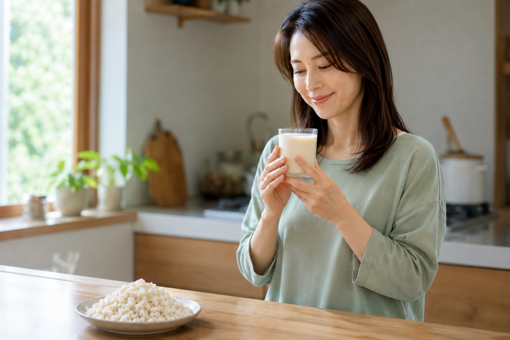 甘酒を注いだグラスを両手で持つ女性と、手前にぼかして置いた乾燥米麹の器。窓から光が差す明るいキッチンの様子
