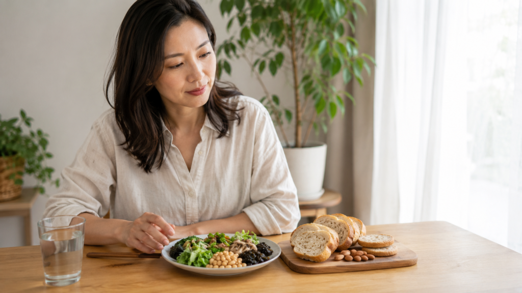 ヴィーガンダイエットの落とし穴を考える朝。野菜中心のプレートと、その横に置いたパンと植物性の焼き菓子を見比べる女性の写真