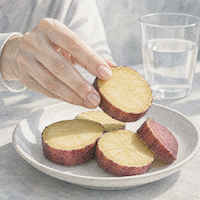 さつまいもは血糖値の上がり方がゆるやかになるといわれる。皿に並べたゆでたさつまいもの輪切りを、指で一切れつまみ上げている手元の水彩画