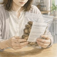 干ししいたけの袋を裏返して表示を確かめている手元。乾かし方を書く義務はなく袋では天日干しかどうか判断できないことを示す水彩イラスト