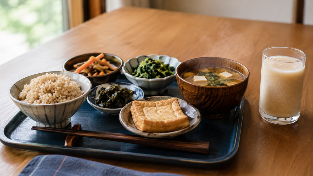 品数のそろった昼食の食卓に、甘酒を注いだグラスを1つ添えたところ。玄米ごはん、根菜の煮物、青菜、わかめ、汁物が並んでいる