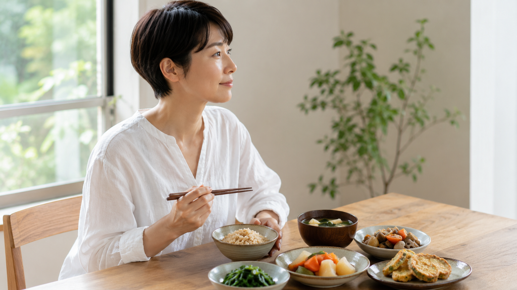 40代からの女性に足りていない栄養。明るいダイニングで、玄米や青菜、にんじん、わかめの汁ものなど品数の多い食事を前に、女性が箸を止めて考えている