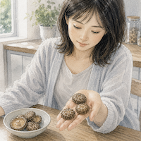 手のひらに干ししいたけを3枚のせて数えている女性。日に当てた干ししいたけなら1日3枚ほどで目安量を満たすことを示す水彩イラスト