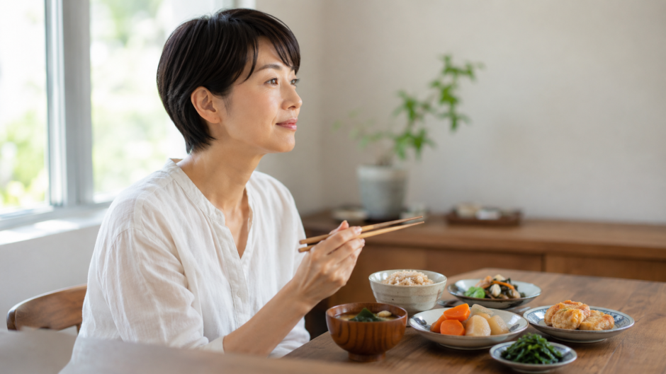 40代からの女性に足りていない栄養。明るいダイニングで、玄米や青菜、にんじん、わかめの汁ものなど品数の多い食事を前に、女性が箸を止めて考えている