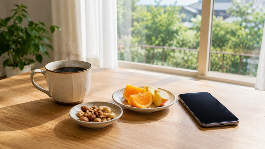 ヴィーガンダイエットの記録はいまも続いている。朝の明るい食卓に並ぶコーヒーとナッツ、フルーツと、記録用のスマートフォンの写真