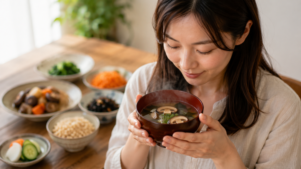干ししいたけの入った味噌汁を両手で持ち、湯気ごしに味わっているところ。日に当てた干ししいたけは毎日の食事でビタミンDを補える