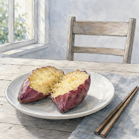 さつまいもは自然に冷めてから食べる。食卓の皿にのせた半分の蒸したさつまいもから湯気が消えかけ、箸が置かれたままになっている水彩画
