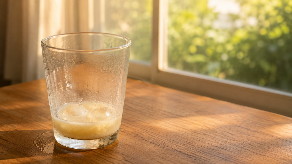 飲み終えて窓辺に置かれた甘酒のグラス。飲みたくなった日に一杯飲む、それだけの付き合い方