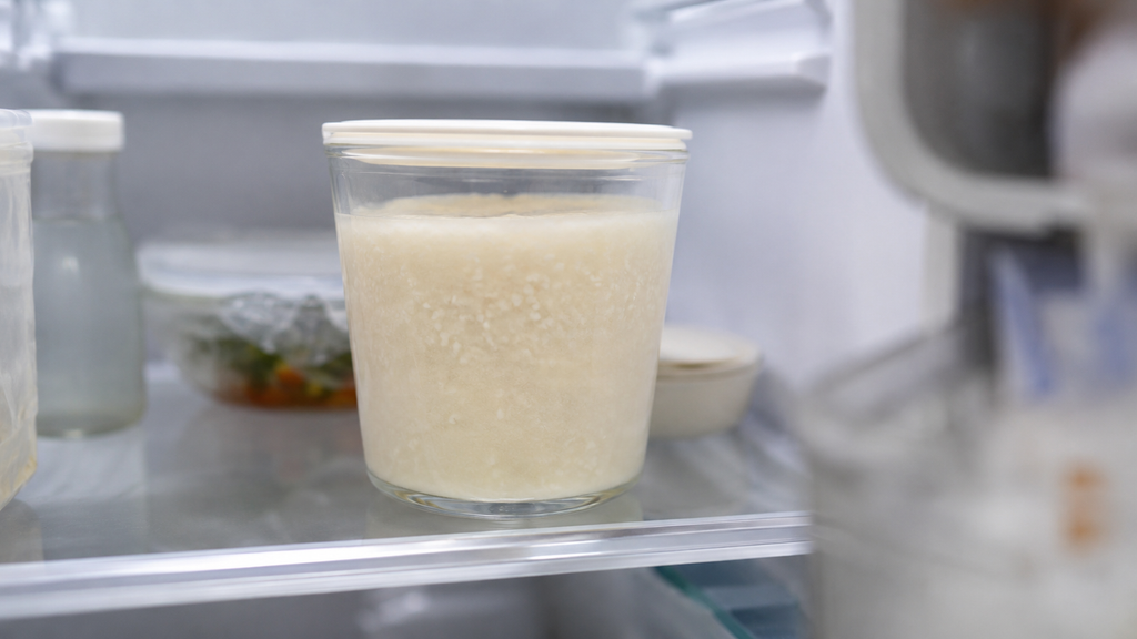 冷蔵庫の棚に置いた850mlの保存容器にたっぷり入った自家製の甘酒。飲みたい日にすぐ取り出せる作り置きの状態