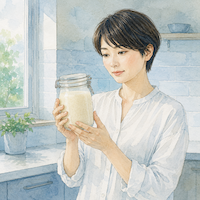 明るい台所で甘酒の瓶を両手に持ち、静かに見ている女性。研究の資金源と限界を知ったうえで飲むかを考える場面(水彩イラスト)