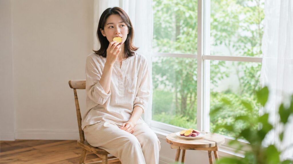 さつまいもを腸活として続ける場面。明るい窓辺の椅子に座り、輪切りにした蒸し芋をゆっくり食べる35歳の女性