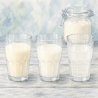 濃さの違う甘酒を同じグラス3つに並べたところ。左から濃いまま、半々、薄め。濃く作れば薄める側で濃さを決められる(水彩イラスト)
