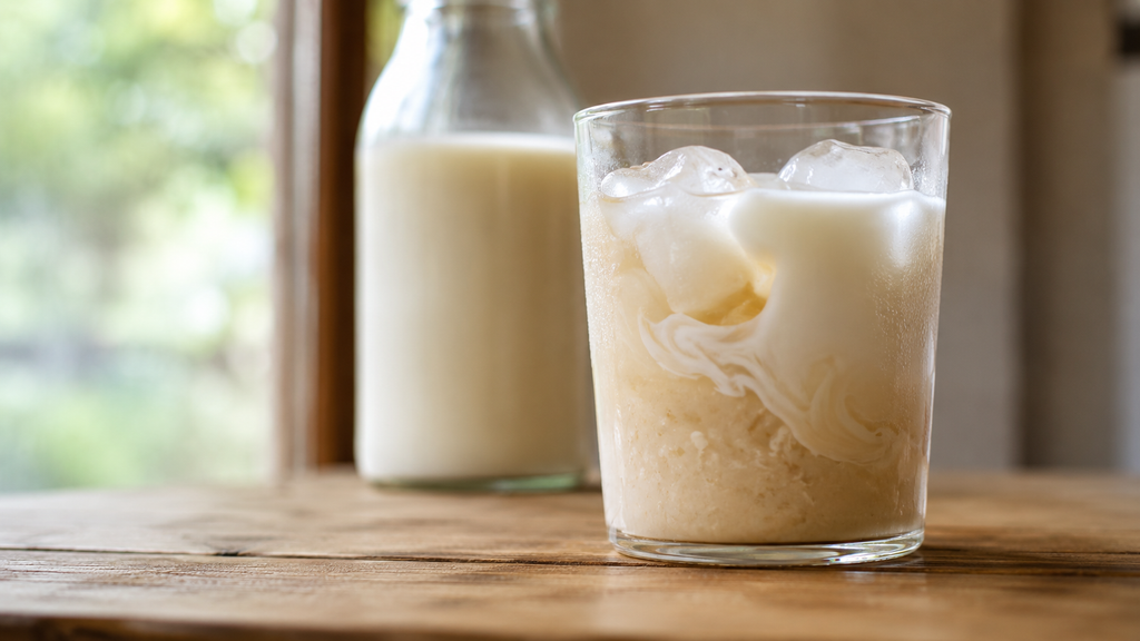 氷を入れたグラスに甘酒と豆乳を半々に注ぎ、濃いベージュと白がまだ混ざりきらずに渦を巻いている。奥に豆乳の瓶を置いた朝のテーブル