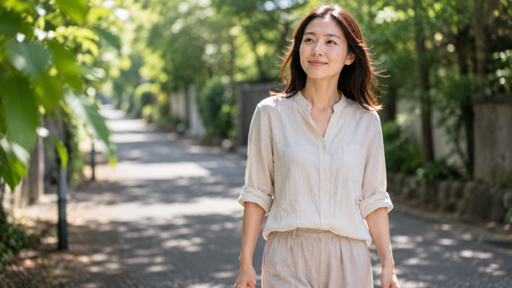 ビタミンDを増やすため、朝の木漏れ日の道を袖をまくって歩いているところ。きのこだけに頼らず日光浴でも補う