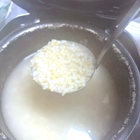 炊飯器の内釜に用意したおかゆへ、おたまですくった乾燥米麹の粒を入れる直前。甘酒はここから50〜60℃を5〜10時間保つ