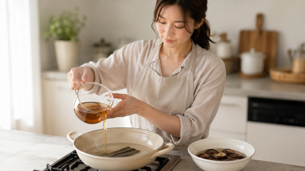 台所で干ししいたけの戻し汁を昆布の入った鍋に注いでいるところ。グアニル酸の旨みは、冷たい水で戻したあとの加熱で生まれる