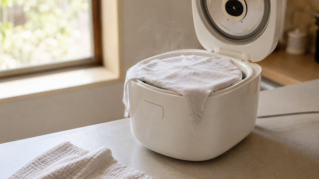 蓋を開けた炊飯器の内釜に濡れ布巾をかけ、50〜60℃を保って甘酒を仕込んでいるところ。甘酒専用の機械は使わない