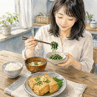 ビタミンDとカルシウムを植物性の食事から摂る昼の食卓。小松菜と白ごまのおひたしを小鉢に取り分ける女性と、厚揚げや豆腐の味噌汁が並ぶ水彩イラスト