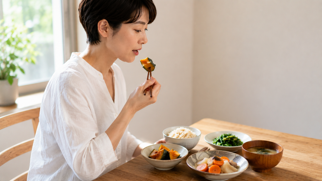 かぼちゃの栄養は皮ごと100gで考える。明るいダイニングで、皮つきのかぼちゃを含む食事を食べているところ