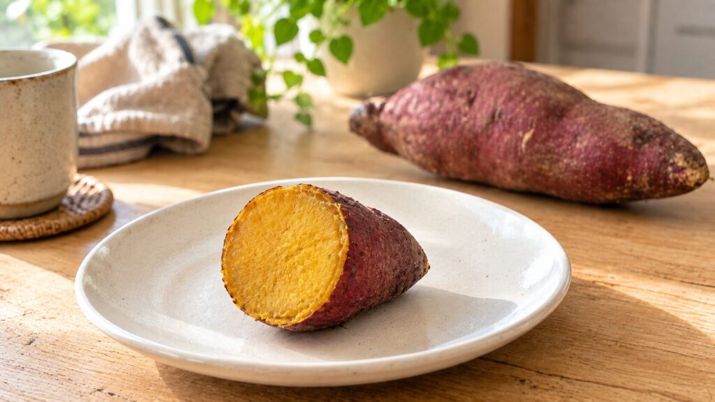 さつまいもの食べ過ぎを防ぐ一日の目安。白い小皿に置いた蒸したさつまいも半分と、その奥に置かれた切っていない芋1本