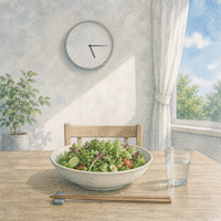 ヴィーガンダイエットで決めた食事の時間。明るいうちのダイニングでサラダだけの軽い食事と、壁の掛け時計を描いた水彩イラスト