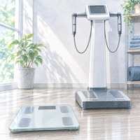 ヴィーガンダイエットで体脂肪率が機械によって違う理由。乗るだけの家庭用体組成計と、グリップを握るジムの業務用測定器を並べて描いた水彩イラスト