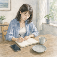 ヴィーガンダイエットの記録を見てもらう相手は手帳でもAIでもよい。食卓で手帳に書き込む女性と、横に置いたスマートフォンを描いた水彩イラスト