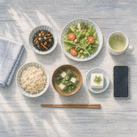 ヴィーガンダイエットで毎日の食事をAIに送って採点してもらう記録。朝の食卓に並んだ一人分の食事とスマートフォンを真上から描いた水彩イラスト