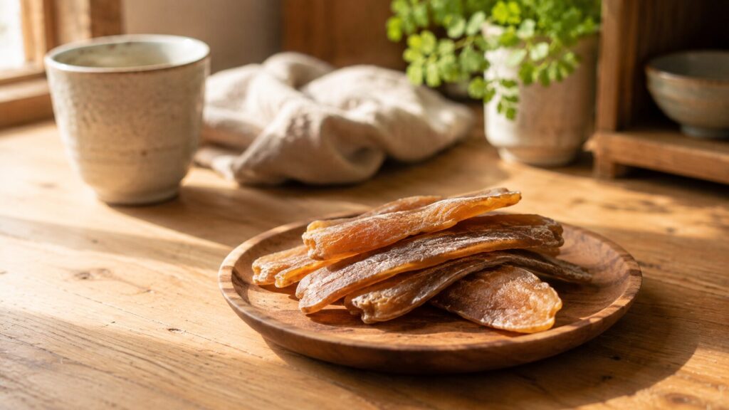さつまいもの栄養に関する疑問として挙がる干し芋。木の小皿に重ねた飴色の干し芋と、奥に置かれた湯呑み