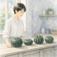 成分は、国産と輸入で変わらない。台所の作業台に、大きさや形の違うかぼちゃを4つ並べて見比べている(水彩イラスト)