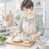 豆腐と納豆をキッチンで並べる35歳の日本人女性を描いた、たんぱく質の食材を紹介する水彩イラスト