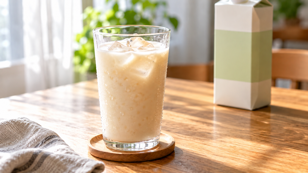 甘酒を無調整豆乳で割って氷を入れた一杯、牛乳の代わりに豆乳を楽しむヴィーガン(ビーガン)の飲み方
