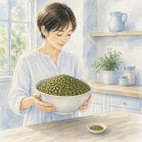 種で鉄をとろうとすると、量が現実的でない。実際に食べる小皿1杯の横で、大きなボウルいっぱいの種を抱えている(水彩イラスト)