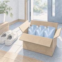 近所に売っていない海へ…を定期便で3袋ずつ取り寄せ、玄関に届いた箱を開けたところの水彩イラスト