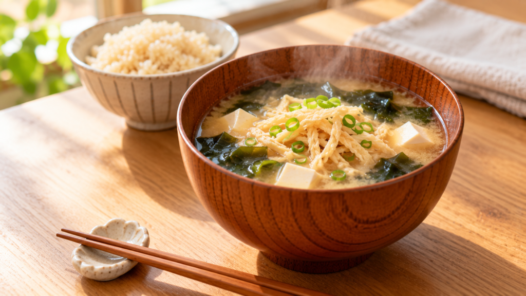 切り干し大根の戻し汁で作った、切り干し大根とわかめと豆腐のみそ汁の一杯が、朝の光の食卓で湯気を立てている