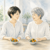 50代でも60代でも結論は変わらない。年の違う2人の女性が、同じかぼちゃの小鉢を前に食卓に並んでいる(水彩イラスト)