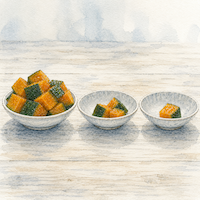 かぼちゃではカルシウムと鉄は埋まらない。かぼちゃが山盛りの皿の隣に、ほとんど空の小皿が2つ並んでいる(水彩イラスト)