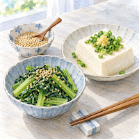 カルシウムは豆腐・小松菜・ごまからもとれる、ごまをたっぷりかけた小松菜のおひたしと木綿豆腐の冷ややっこの水彩イラスト