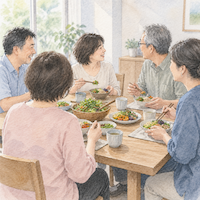 ヴィーガンを続けている同年代の仲間には体格も顔つきも共通点がないことを表す、食卓を囲む日本人数人の水彩イラスト