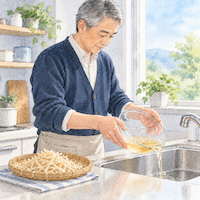 腎臓の病気でカリウムを制限されている人は、切り干し大根の戻し汁を使わない。台所の流しで戻し汁を捨てる男性の水彩イラスト