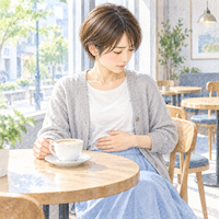 分解されない乳糖でお腹が張ることもある、カフェでミルク入りの飲み物を飲んだあと、お腹にそっと手を当てる女性の水彩イラスト