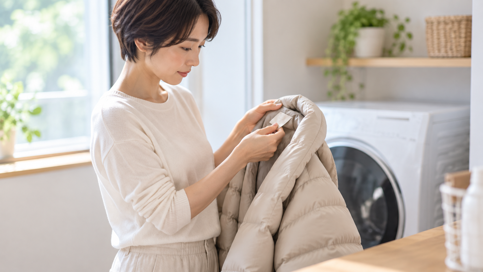 海へ…洗剤でダウンジャケットを洗えるか、洗濯表示のタグを確かめる女性