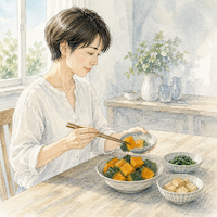 かぼちゃ100gはビタミンCと食物繊維の不足も同時に埋める。明るい食卓で、煮たかぼちゃを小鉢に取り分けている(水彩イラスト)