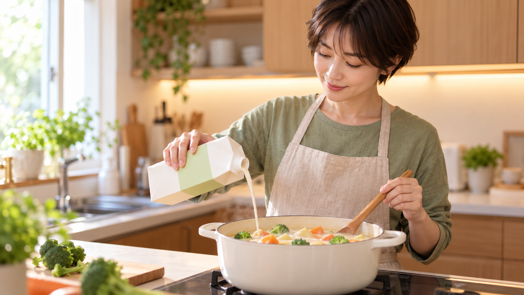 シチューの仕上げに牛乳の代わりの豆乳を注ぐ女性、ヴィーガン(ビーガン)のよくある質問