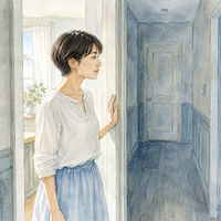 ビタミンAが足りないと、暗いところで見えにくくなる。明るい部屋から薄暗い廊下へ入るところで、女性が一度足を止めている(水彩イラスト)