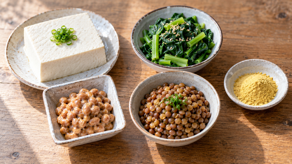 たんぱく質の豆腐と納豆、鉄の小松菜とレンズ豆、ビタミンB12の栄養酵母を並べた食卓の写真