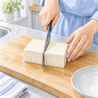 40代からの女性に必要なカルシウム1日650mgに足りない分を補う、木綿豆腐を半丁に切り分ける手元の水彩イラスト