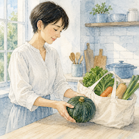 スーパーで売っているかぼちゃは、ほとんどが西洋かぼちゃ。買い物袋から、丸くて皮のなめらかな西洋かぼちゃを台所に出している(水彩イラスト)